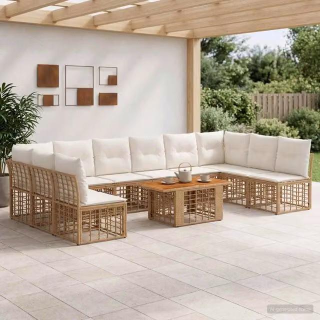 Set Divano da Giardino 11 pz Naturale e Bianco Crema polyrattan 3437900
