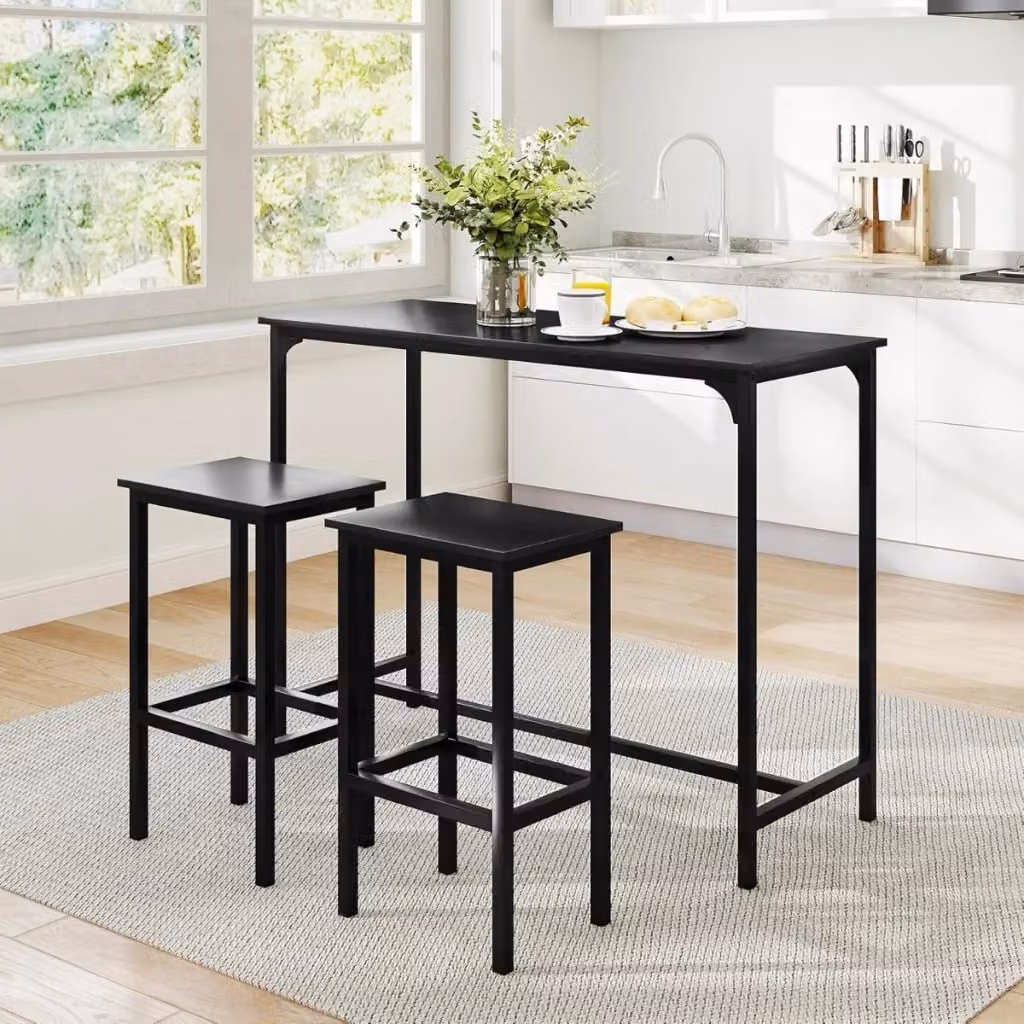 Set da pranzo industriale composto da tavolo rettangolare e 2 sgabelli da bar in metallo e legno, colore nero opaco – 2