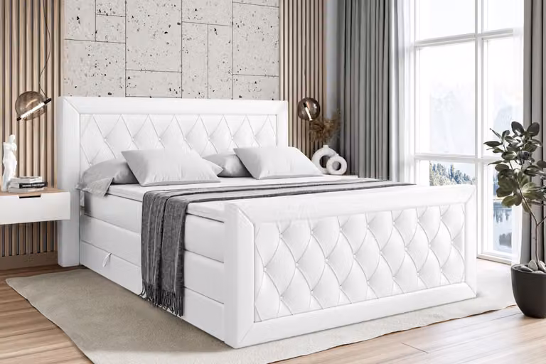 Letto boxspring ALTDECOR con materasso e rete a doghe, topper, pediera, letto imbottito con contenitore, letto con vano portaoggetti, materassi H3 e H4, letto boxspring - NOEL-Z KING - 160x200 - Ecopelle bianca