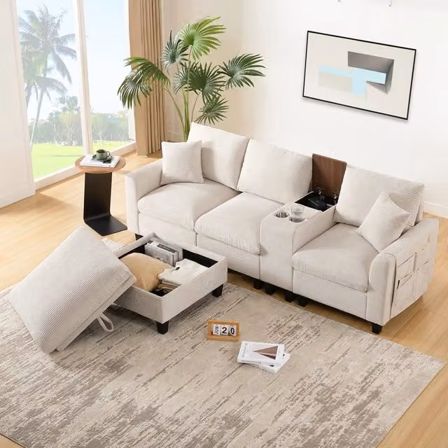 Divano angolare L convertibile 229x149;5x83 cm; 3 posti con 1 pouf mobile; console; portabicchieri; USB; cuscini; velluto a coste; beige