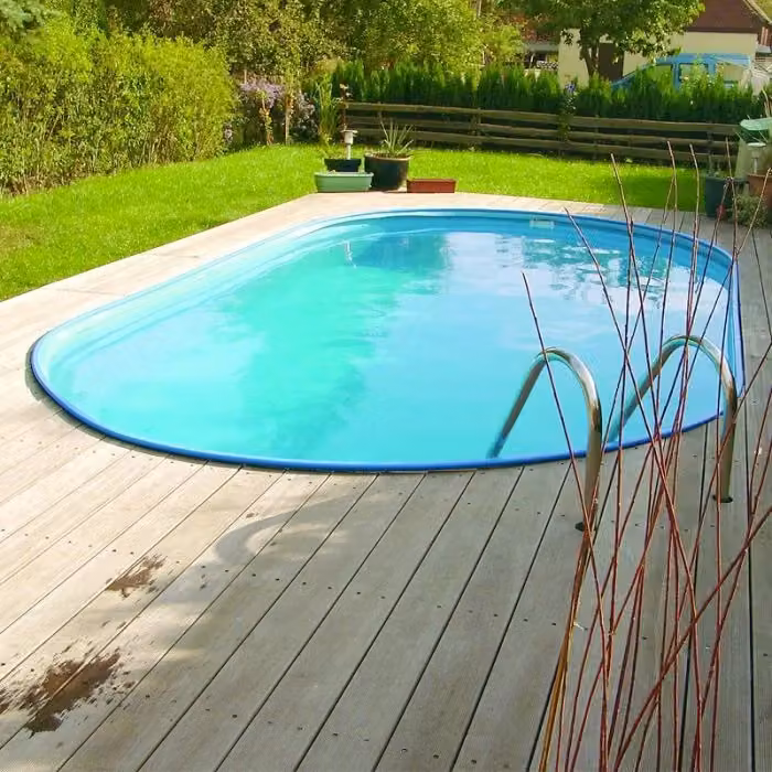 Piscina interrata ovale BSVILLAGE OLIVIA 525 in acciaio e PVC, disponibile nei colori blu o sabbia, L: 525 cm, P: 320 cm, H: 120 cm – 2