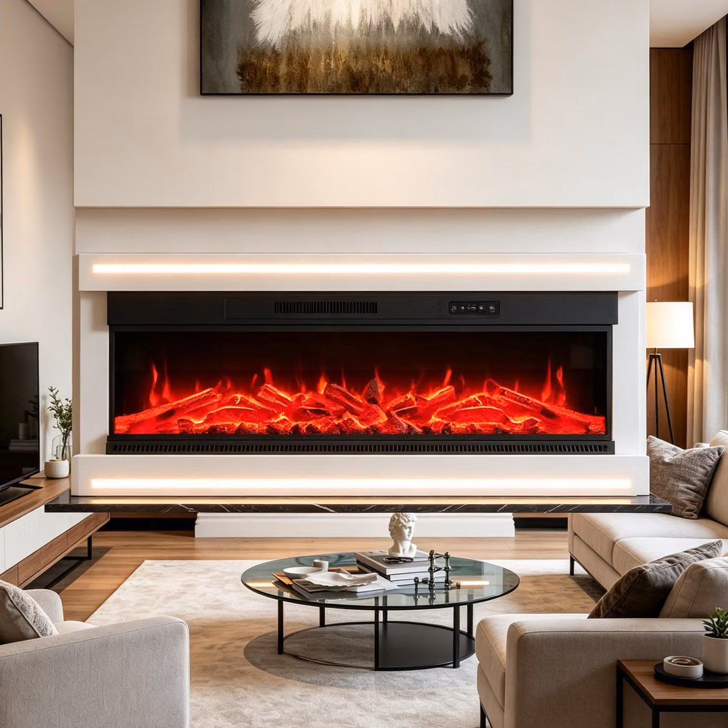 INONEFT, caminetto elettrico da 50 pollici, con effetti di fiamma 3D, potenza di riscaldamento di 750/1500 W, telecomando, modello da appoggio o da incasso, sistema di sicurezza con spegnimento automatico, colore bianco