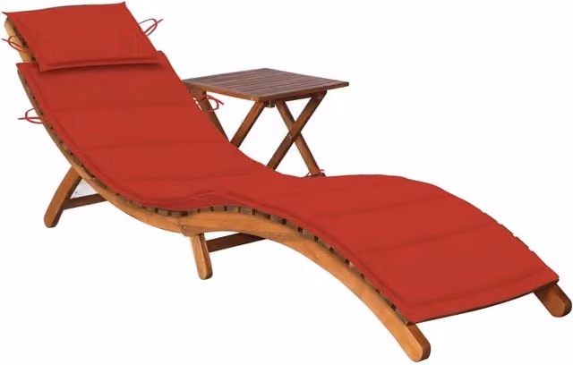 Lettino prendisole Outsunny in legno di acacia con cuscino rosso e tavolino laterale per esterno