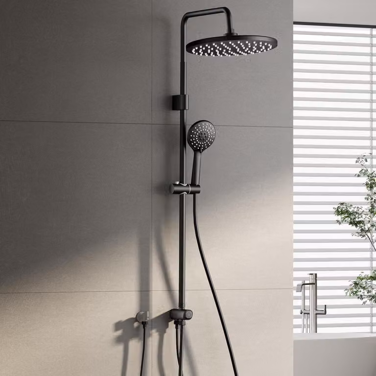 Sistema doccia a soffitto senza miscelatore, regolabile in altezza da 114 a 148 cm, acciaio inossidabile, forma circolare, colore nero