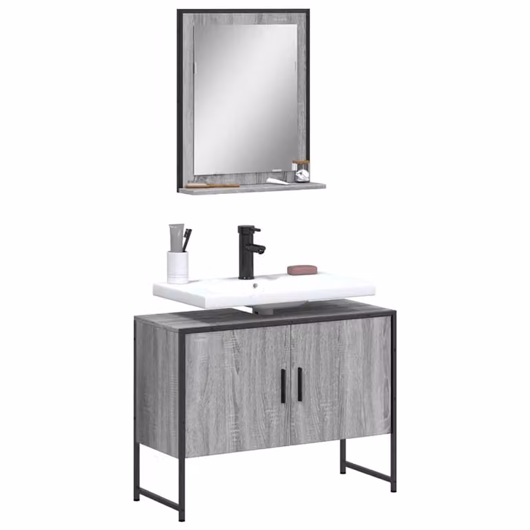 Set di mobili da bagno moderno vidaXL composto da mobile lavabo e armadietto con specchio in colore grigio opaco, L/P/H: 80 x 33 x 60 cm