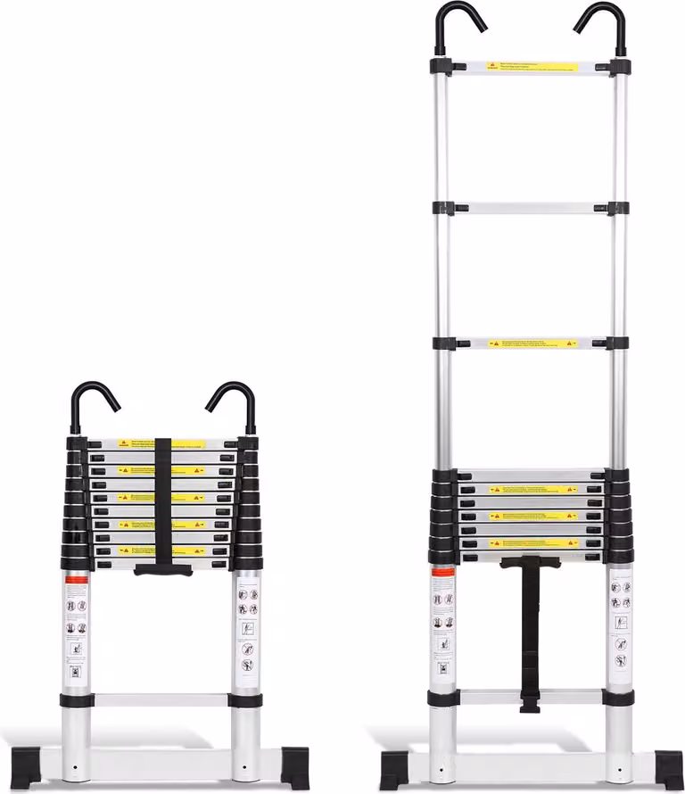 Scala telescopica in alluminio Izrielar 3,2 m argento, scala estensibile con stabilizzatore e ganci rimovibili, scala pieghevole, scala multiuso, scala a gradini, scala per la casa, scala per esterni, portata 150 kg