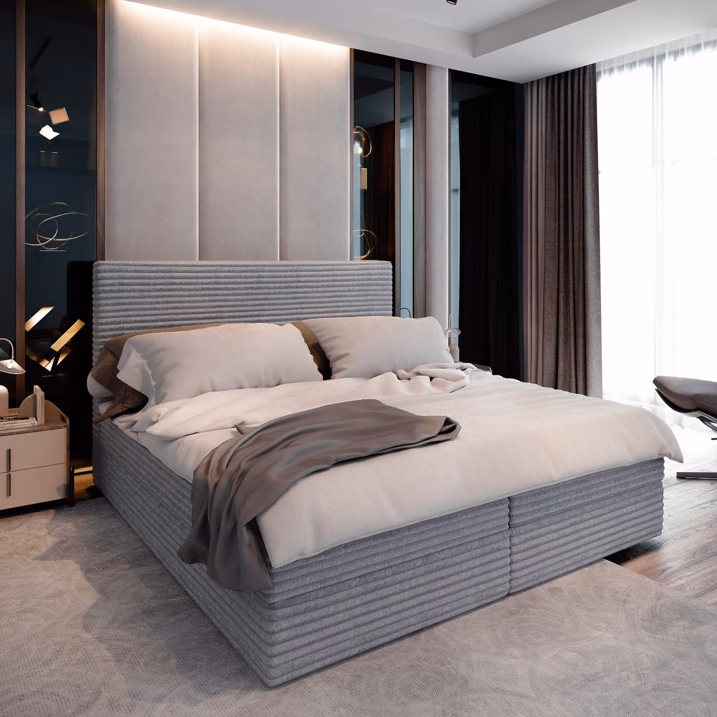 Letto a molle Masseno PISA 160x200 cm completo di materasso e topper Bonell, letto imbottito con cassettiera - grigio chiaro, TILIA 86