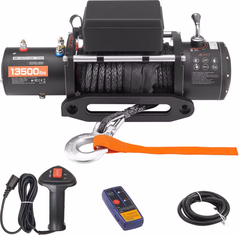 SucceBuy Argano elettrico a fune, 6100 kg, 12 V DC con cavo sintetico di 26 m, telecomando senza fili e con cavo, IP55, adatto per veicoli fuoristrada, jeep, rimorchi e imbarcazioni