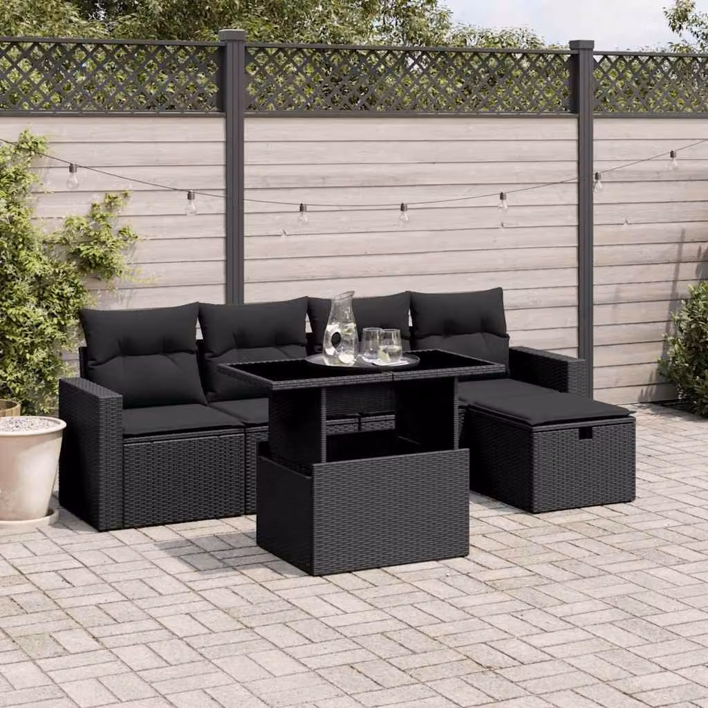 Set Divano da Giardino vidaXL 6 pz a L in Polyrattan Nero con Cuscini e Tavolino – 1