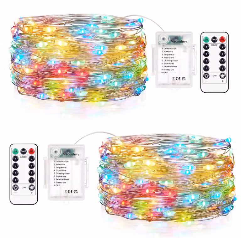 Set di 2 catene luminose, lunghezza 10 metri, 100 LED, 8 modalità, timer, grado di protezione IP65, con telecomando