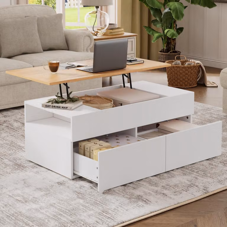 Tavolino da salotto 100×50×40 cm, regolabile in altezza, con vano portaoggetti nascosto; tavolino da salotto con 2 cassetti; tavolino da divano con vano portaoggetti semiaperto