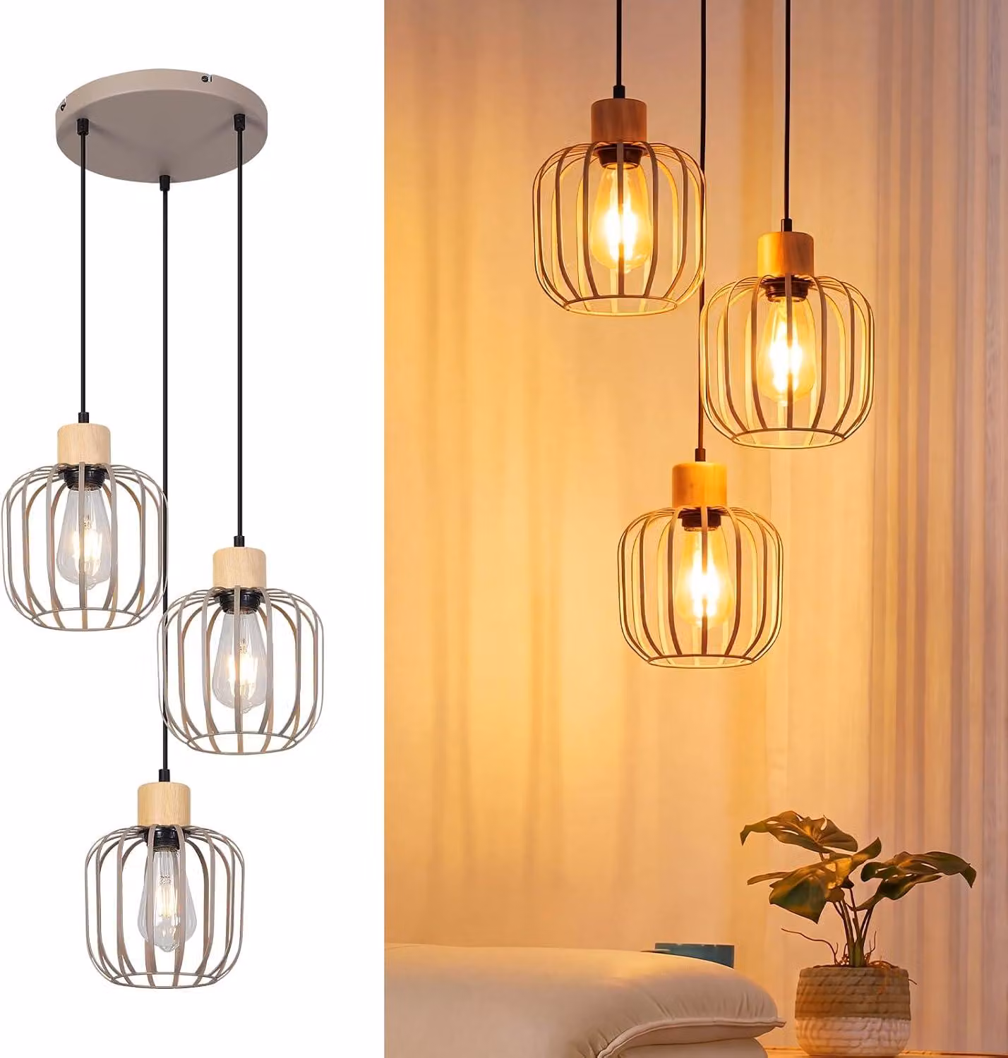 Lampada a sospensione ZMH, ideale per tavoli da pranzo, con 3 luci, design moderno, lampada a sospensione per sala da pranzo, attacco E27, colore grigio. Lampada a sospensione per cucina, adatta per ambienti in legno, soggiorno, camera da letto, isola del