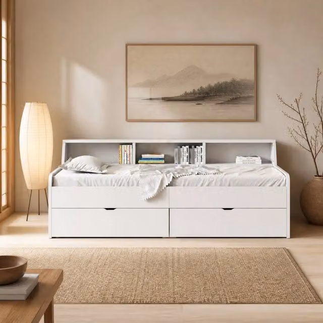 Letto giorno 90x200 cm con due cassetti e ripiani, bianco