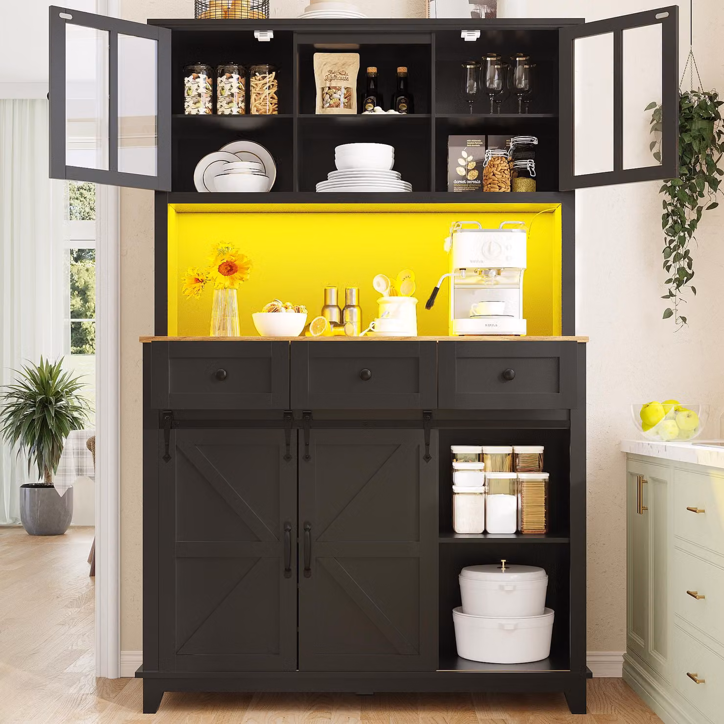 mobile da cucina okwish unità alta con ripiani regolabili, cucina buffet / mobile vetrina con illuminazione LED variabile, nero
