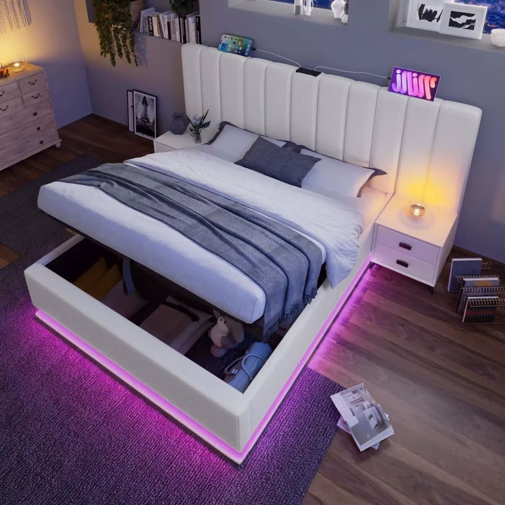Letto contenitore matrimoniale OKWISH con illuminazione LED e porte USB, rivestimento in ecopelle bianco, L/P: 160 x 200 cm – 2