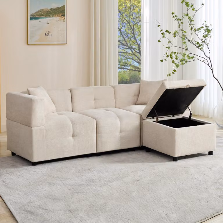 Divano angolare Merax, divano a 3 posti con funzione letto, box letto, divano da salotto a L con 2 cuscini, set di divani, ciniglia, beige