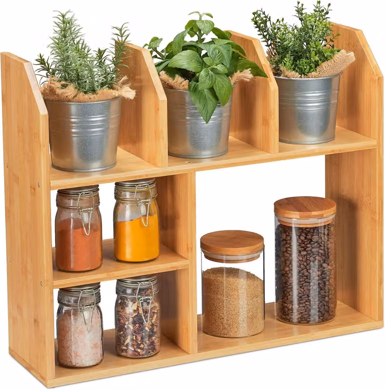 Portaspezie in bambù - 6 scomparti - 45,5 x 55 x 16 cm - Mobiletto verticale per spezie - Ideale per cucina, bagno o soggiorno - Design naturale