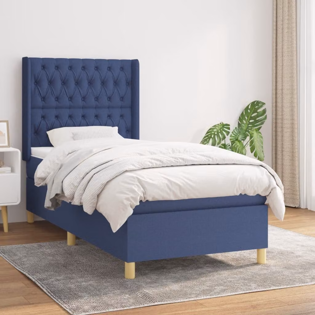 The Living Store Letto a molle con materasso blu 90x200 cm in tessuto