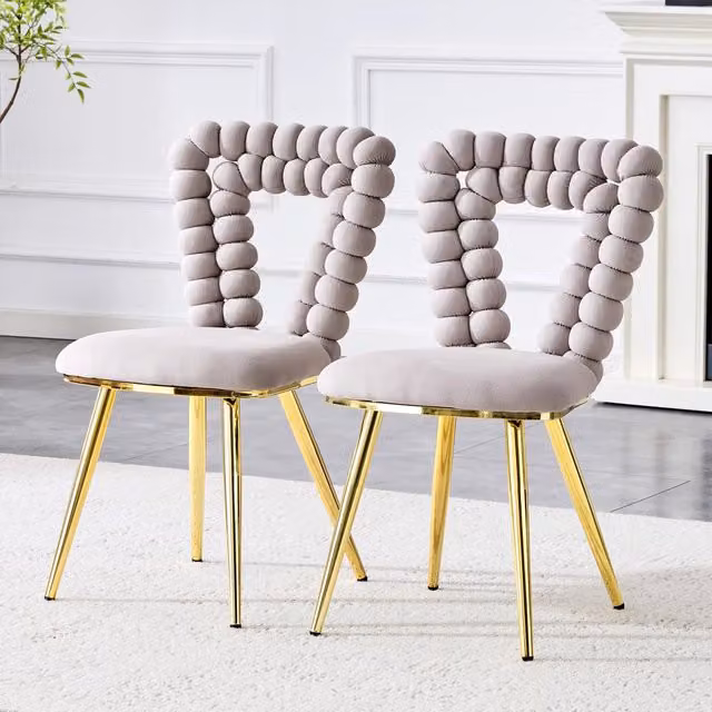 Set di 2 sedie da pranzo OKWISH moderne con schienale geometrico in velluto grigio e gambe in metallo lucido