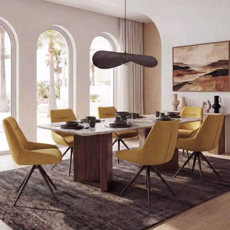Set di 6 sedie da pranzo MCW-M65, sedia da cucina con schienale, sedia girevole con posizionamento automatico, metallo, tessuto/textile ~ giallo senape