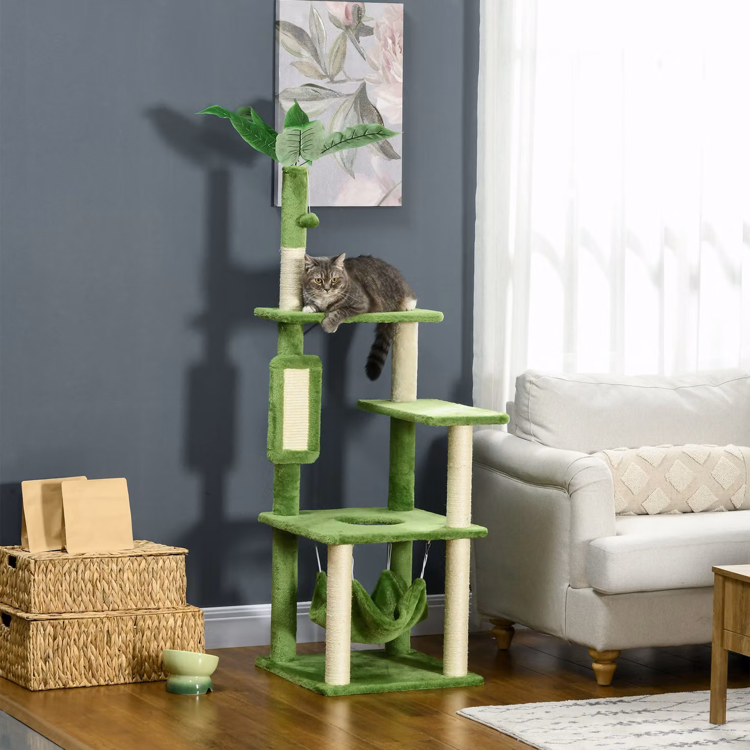 Albero Tiragraffi per Gatti PawHut con Amaca, Giocattoli Integrati e Sisal, Verde e Beige, L/P/H: 49 x 49 x 142 cm – 2