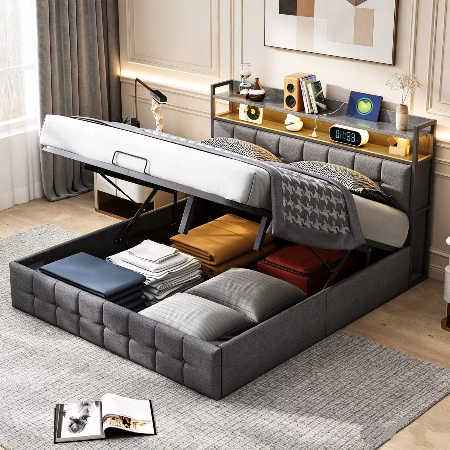 Letto matrimoniale con boxspring, 140 x 200 cm, con contenitore, imbottito, con luci LED e prese USB, letto contenitore con rete a doghe, tessuto in lino, colore grigio