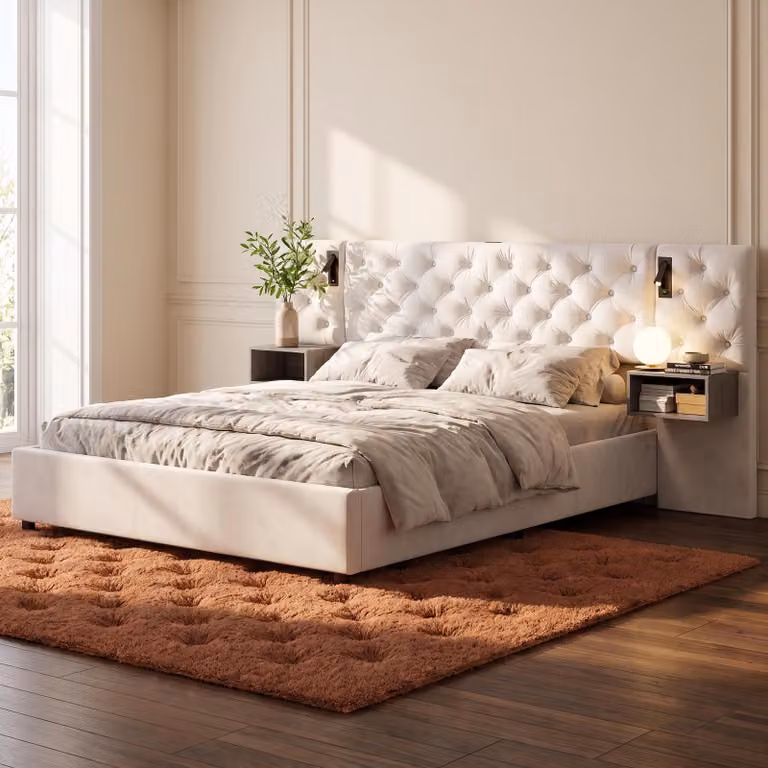 Letto con boxspring INONEFT, 140x200 cm, con caricabatterie USB, letto con sistema di sollevamento idraulico e spazio contenitore, dotato di lampade da lettura, letto imbottito con spazio contenitore e rete a doghe, rivestito in velluto, colore beige