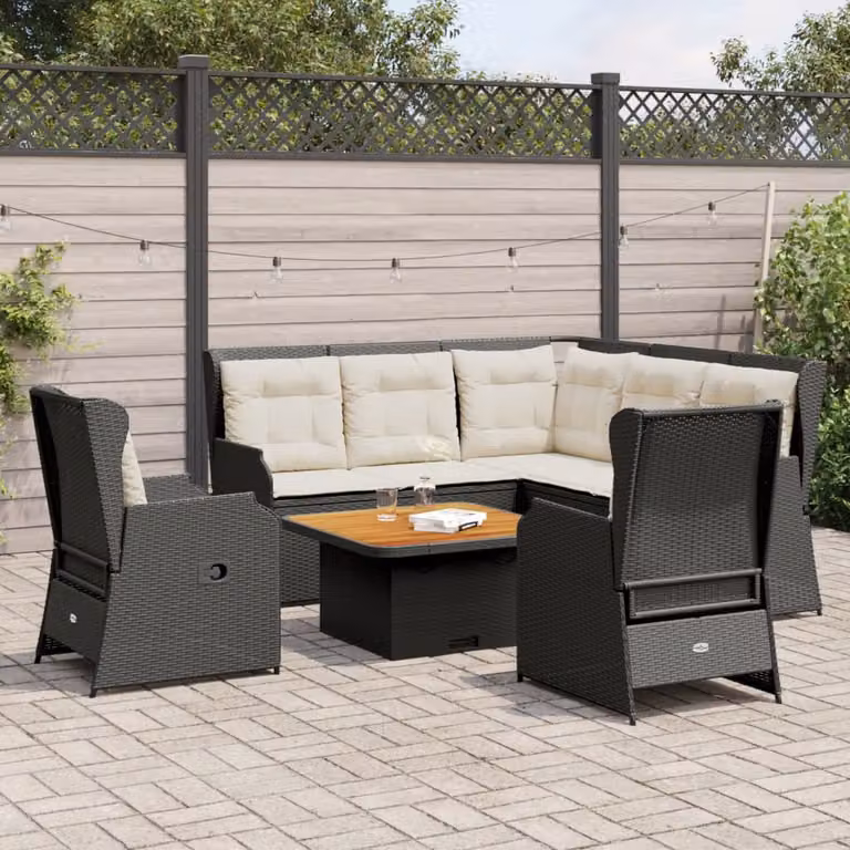 Set di divani da giardino vidaXL a forma di L composto da 5 pezzi con cuscini, colore nero e bianco, in rattan con struttura in metallo e cuscini rimovibili resistenti ai raggi UV