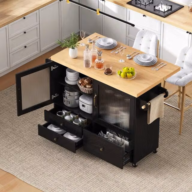 Isola da cucina su ruote con piano ribaltabile 100 x 42-70 x 91;5 cm in MDF nero/naturale