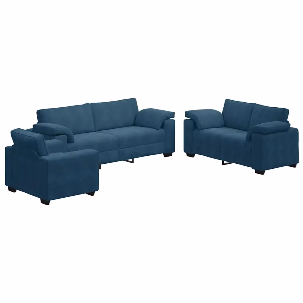 Set di 3 divani vidaXL in velluto blu con cuscini, composizione moderna per soggiorno con un divano a 3 posti e due divani a 2 posti – 2