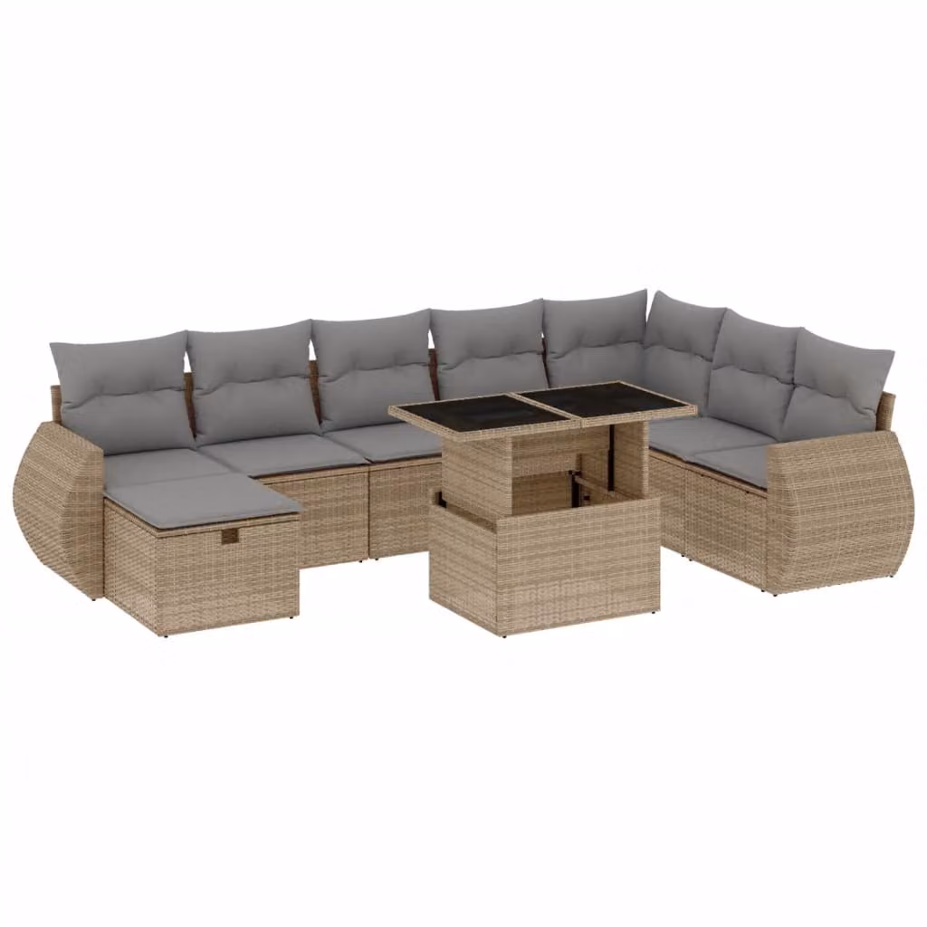 Set Divano da Giardino 9 pz con Cuscini Beige in Polyrattan