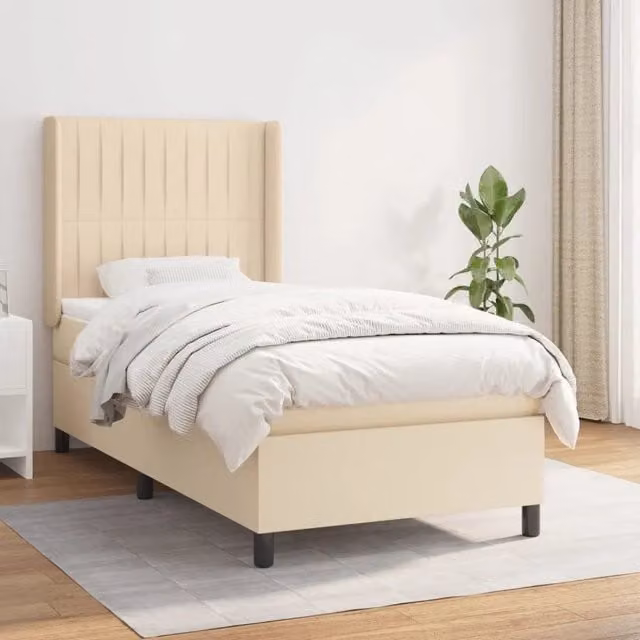 Letto Ibrido vidaXL con Giroletto a Molle e Materasso in Tessuto Beige e Bianco L/P/H: 203 x 103 x 128 cm