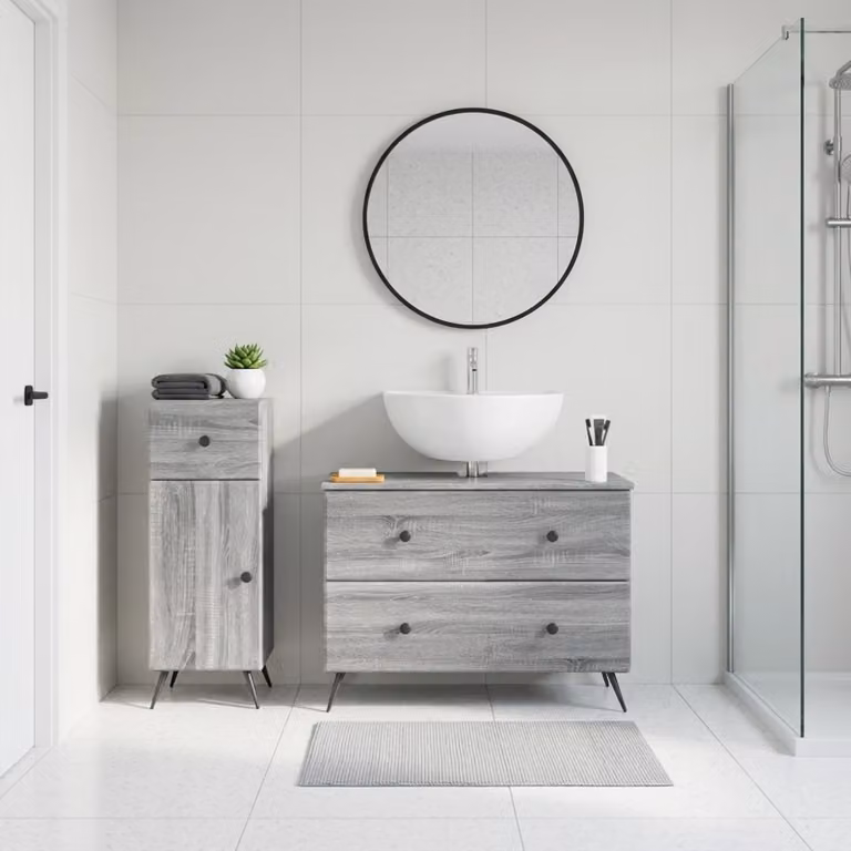 Set di mobili da bagno vidaXL BREDA composto da 2 pezzi, mobile lavabo e mobile contenitore, colore grigio Sonoma, design moderno in legno MDF