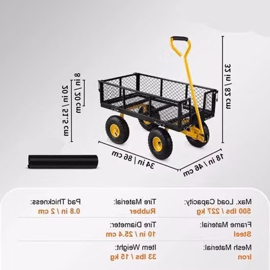 Carrello da giardino - Carrello per il giardinaggio - Carrello per carichi pesanti - Carrello da spiaggia - Pareti grigliate removibili - Pneumatici gonfiabili - Maniglia in gomma - Alta capacità - 230 kg