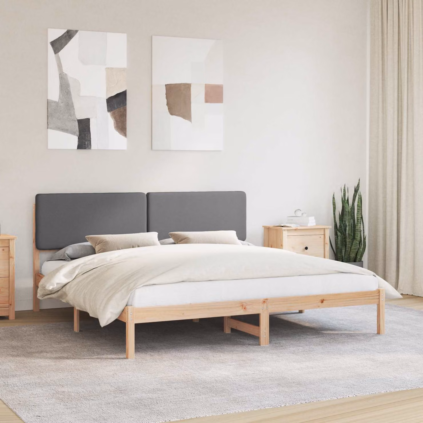 Letto con Testiera Rivestita vidaXL in Legno di Pino e Tessuto Grigio 200 x 200 cm – 1