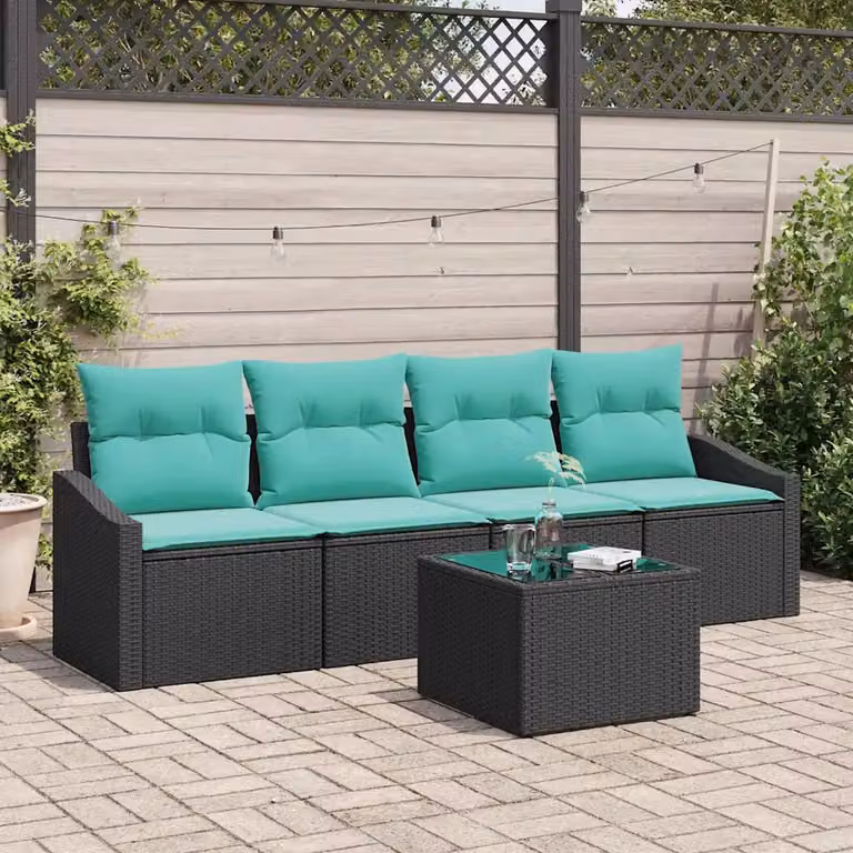 Set di divani da giardino vidaXL in polyrattan con cuscini, nero e turchese