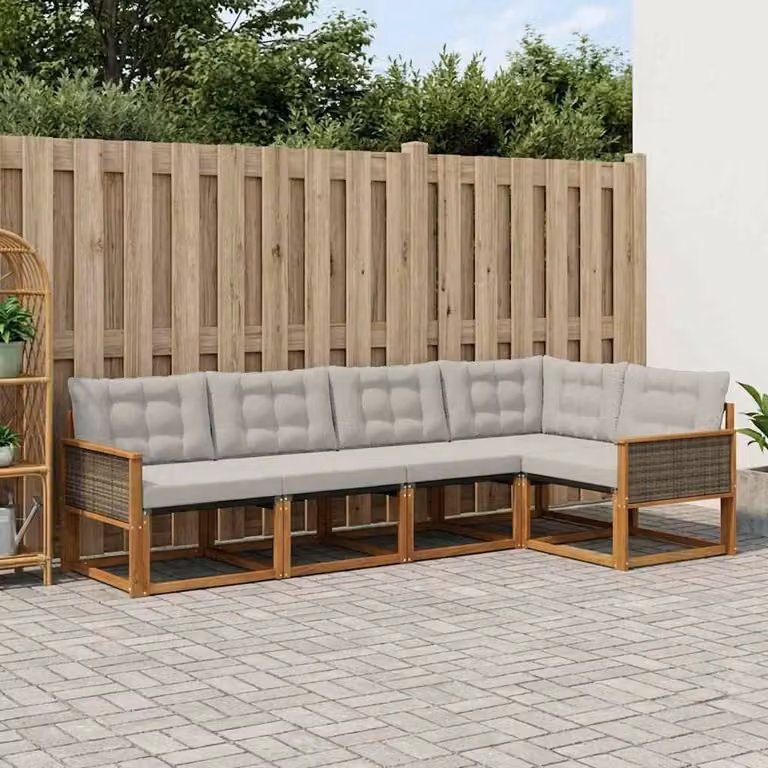 Set di divani da esterno vidaXL 6 pz a forma di L in legno di acacia con cuscini beige e grigi