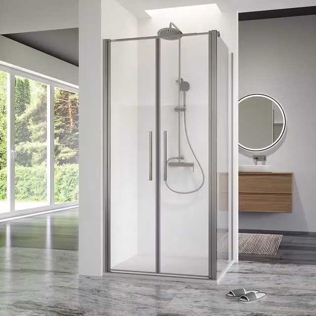 Box doccia 70x90cm con apertura saloon e parete fissa, profili cromati e vetro da 6mm trasparente h195 | Elba