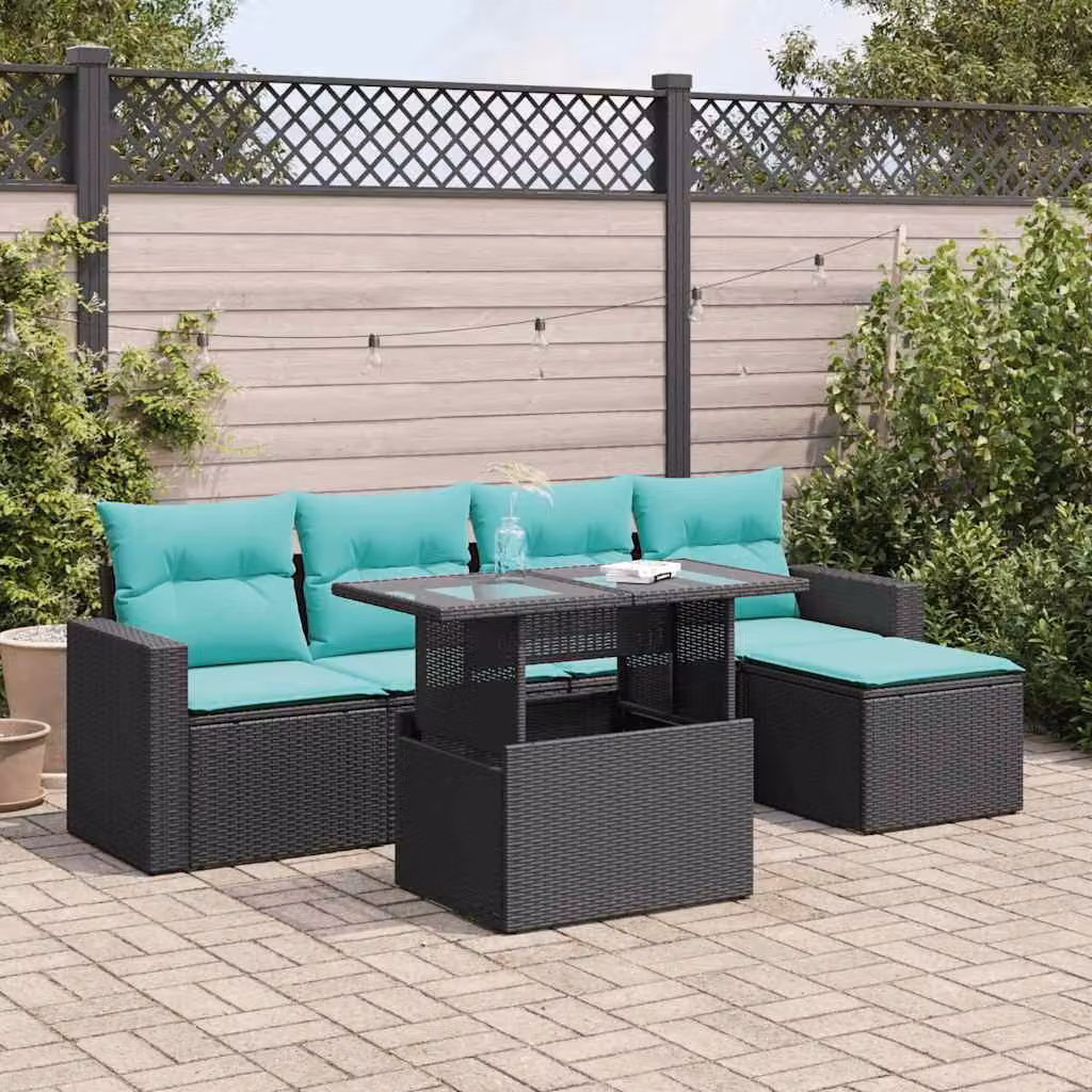 Set Divano da Giardino vidaXL 6 pz in Polyrattan con Cuscini e Tavolino, Forma a L, Colore Nero e Blu