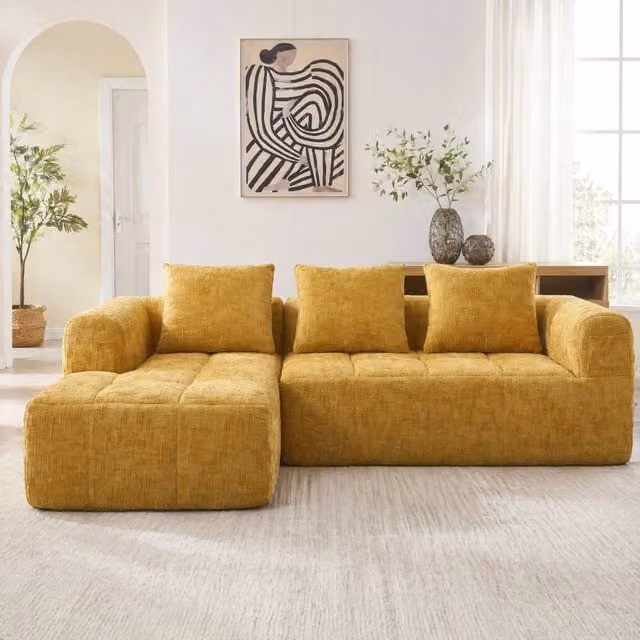 Divano angolare modulare MIVRAY a 3 posti in tessuto giallo con chaise longue sinistra, cuscini decorativi e coperture rimovibili, L/P/H: 250 x 160 x 90 cm