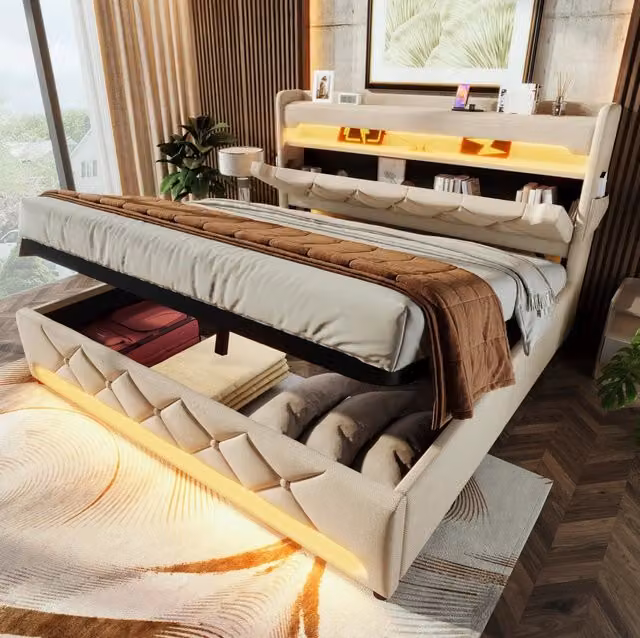 Letto matrimoniale 140x200 cm in lino beige con contenitore, LED e porte USB