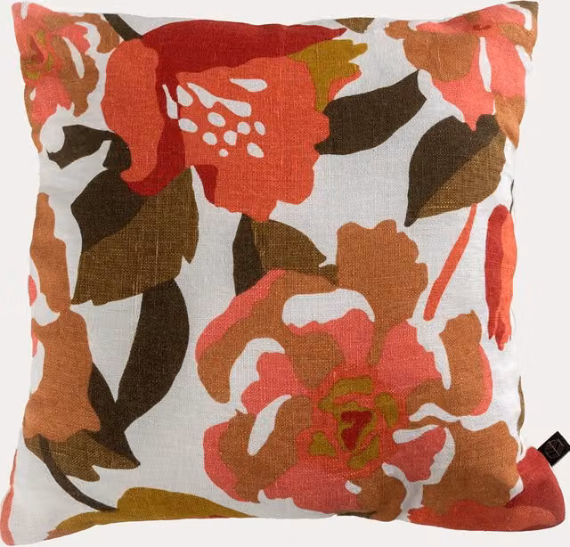 Cuscino quadrato Ibiza Kenay Home rosa e verde con motivo floreale in lino, L/P/H: 45 x 45 x 45 cm