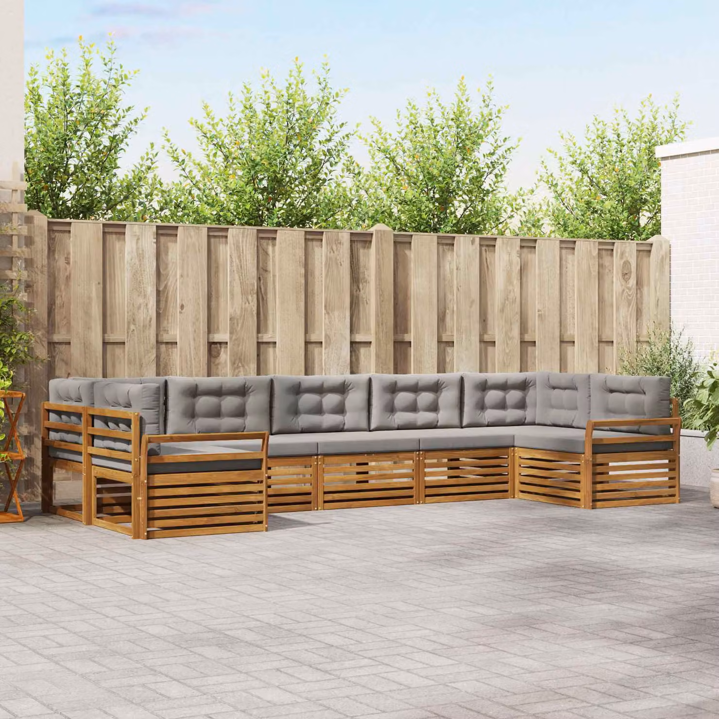 vidaXL Set di divani da esterno a forma di U composto da 7 pezzi in legno di acacia con cuscini inclusi, Grigio e Marrone