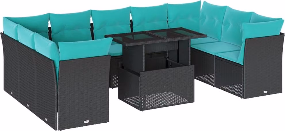 set di divani da giardino da 10 pezzi con cuscini, in polyrattan nero