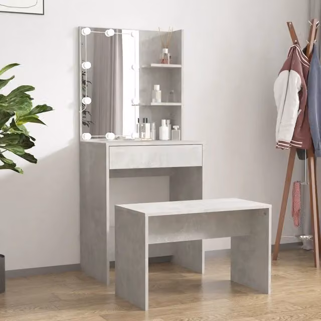 Set Tavolo da Toeletta Grigio Cemento con LED Legno Multistrato 3114134