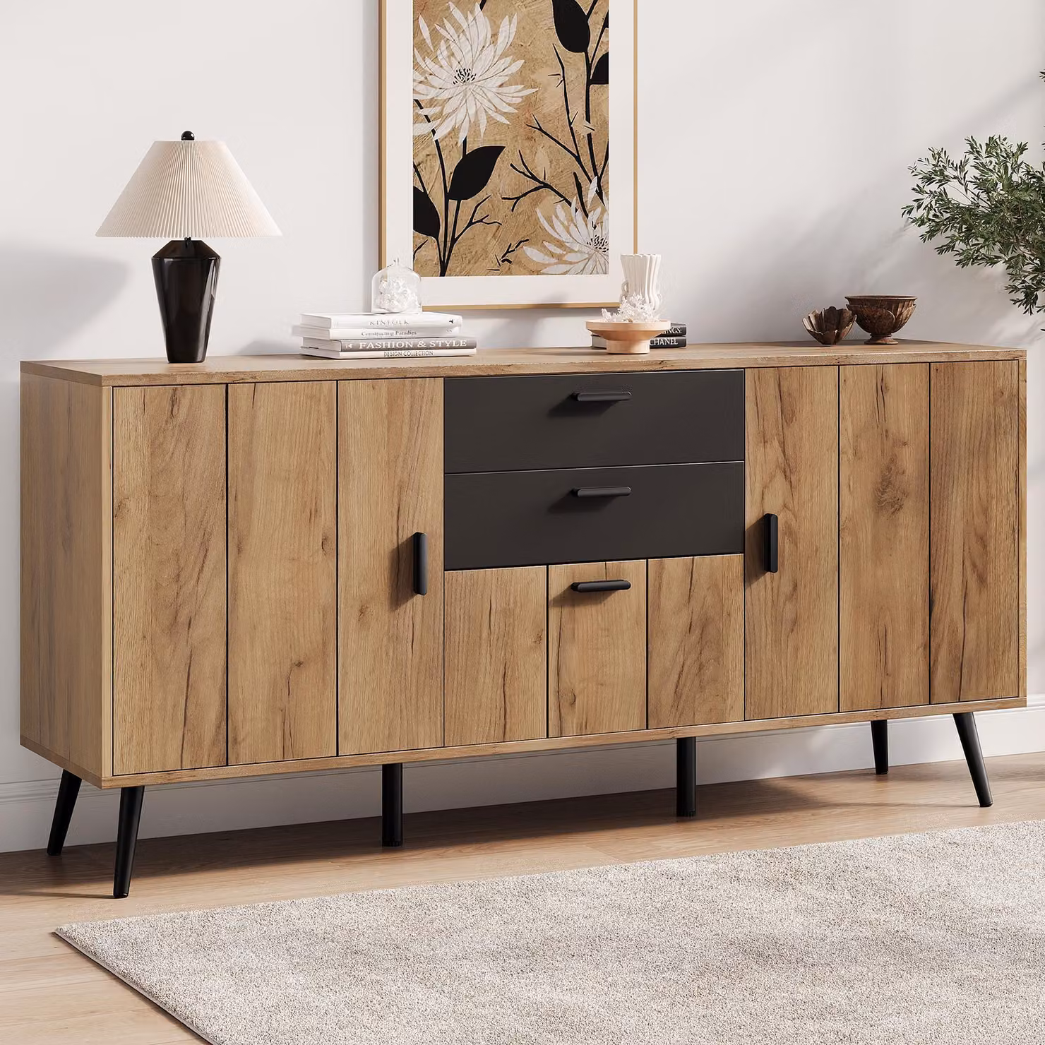 Comodino, credenza, 140x35x67, ampio piano di lavoro, 2 cassetti, 3 ante, mobiletto, soggiorno, sala da pranzo, cucina