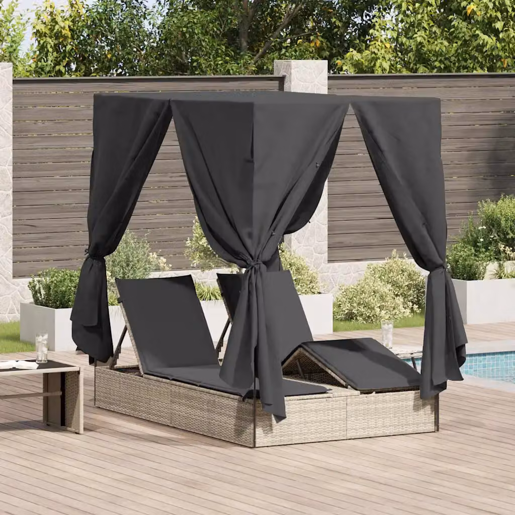 vidaXL Lettino da sole doppio in polyrattan grigio chiaro con parasole e poggiatesta regolabile L/P/H: 205 x 129 x 200 cm – 1