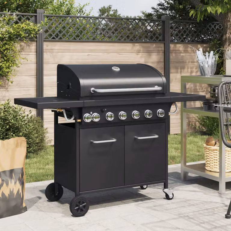 Griglia Barbecue a Gas vidaXL in Acciaio Nero con 7 Bruciatori, Accensione Piezoelettrica e Termometro