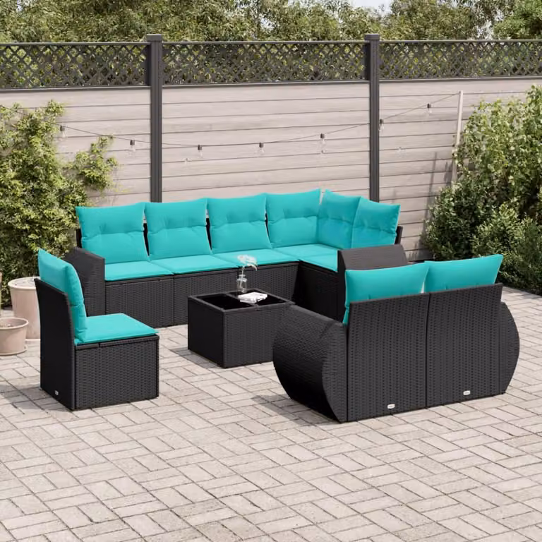 Maison Exclusive - Set di 9 pezzi per giardino con cuscini, polyrattan nero