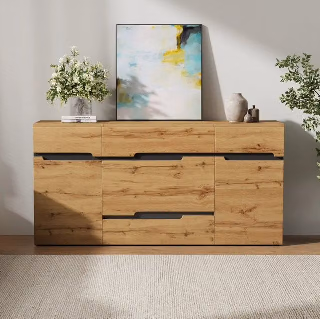 Credenza moderna 160 cm in legno e nero con 2 ante e 4 cassetti per soggiorno ordinato